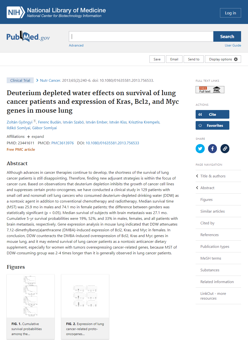 Deuterium depleted water effects on survival of lung cancer patients and expression of Kras, Bcl2, and Myc genes in mouse lung