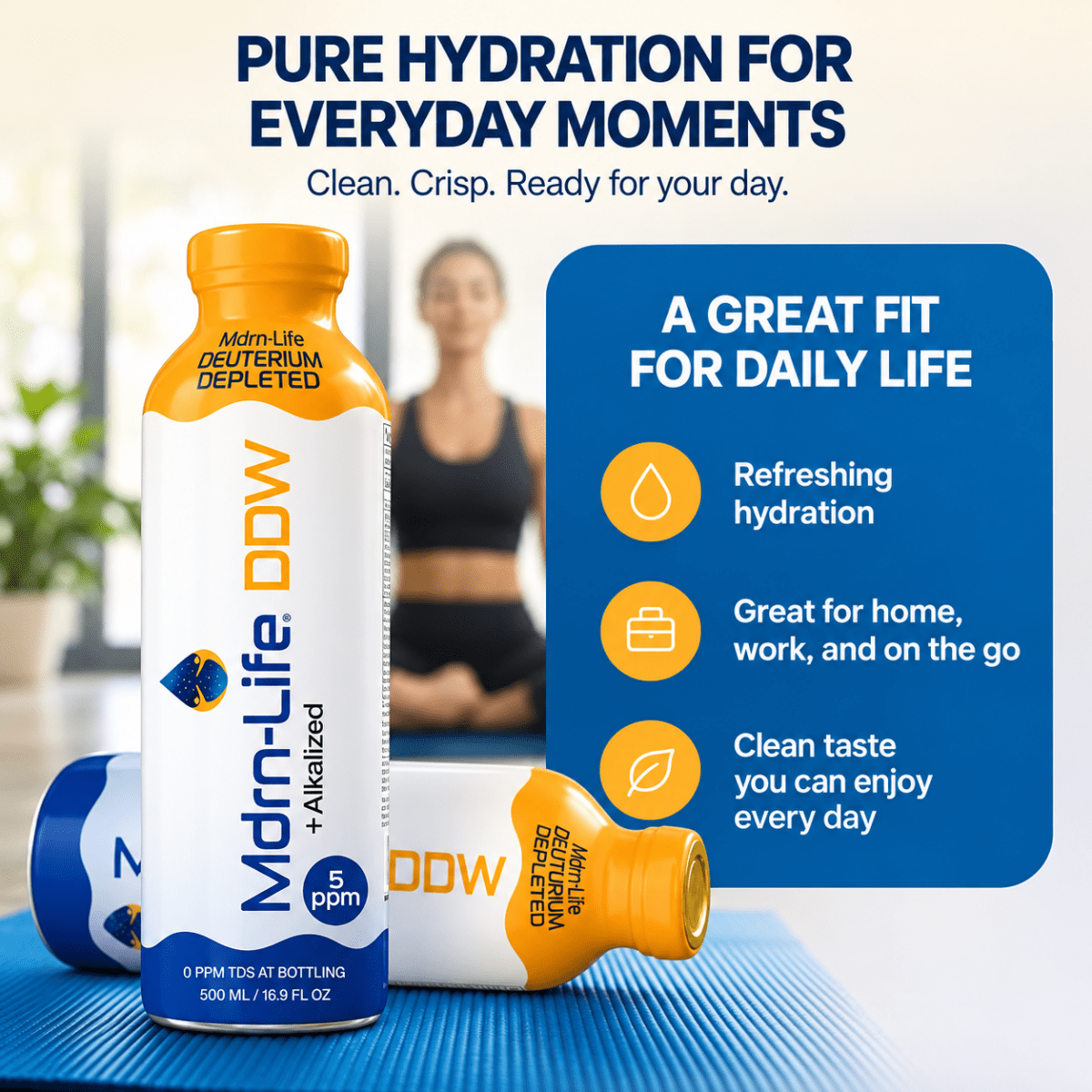 Mdrn-Life DDW glass bottles on a blue exercise mat, with the message “Clean taste you can enjoy every day.”