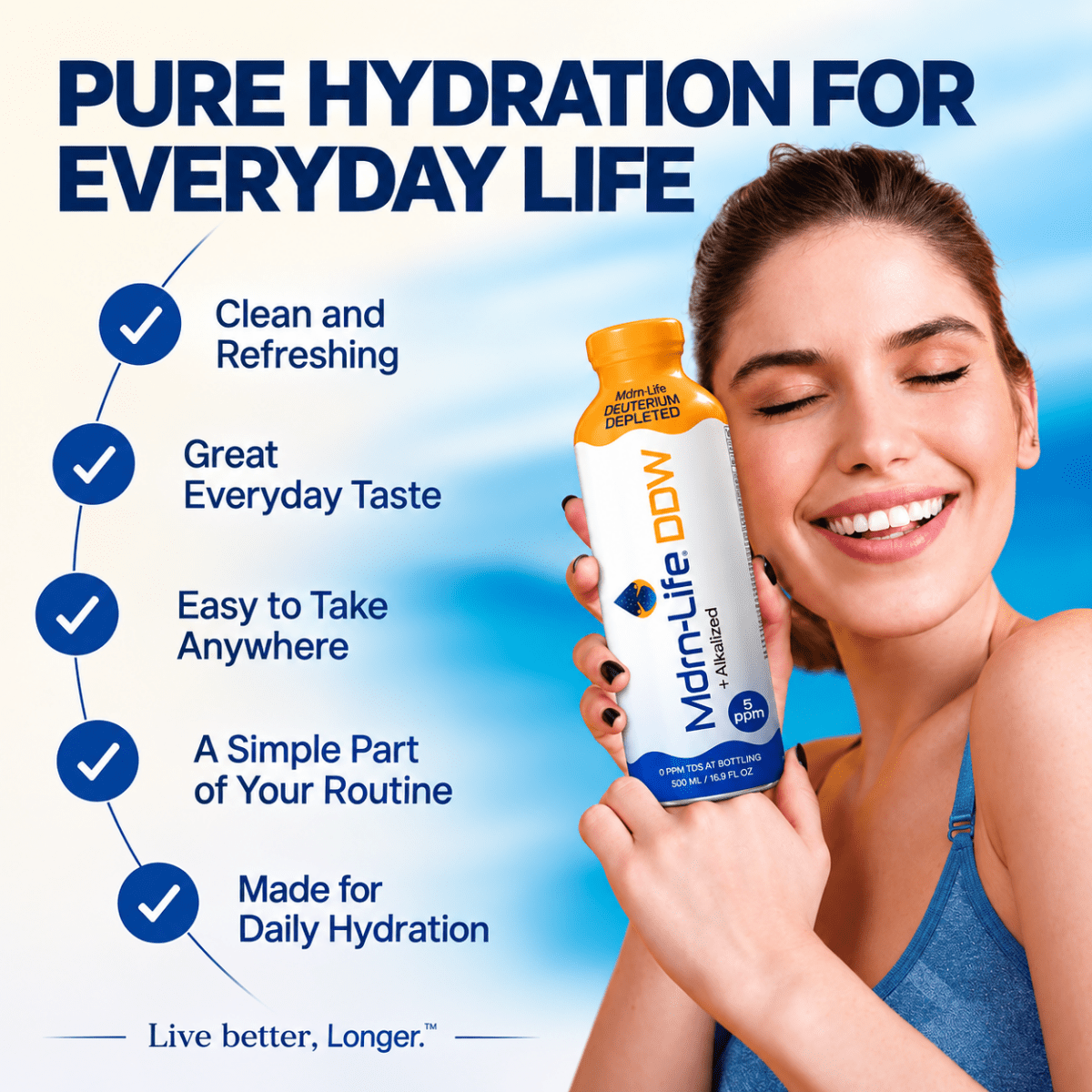 Woman in blue activewear holding a Mdrn-Life DDW glass bottle against a light blue background.