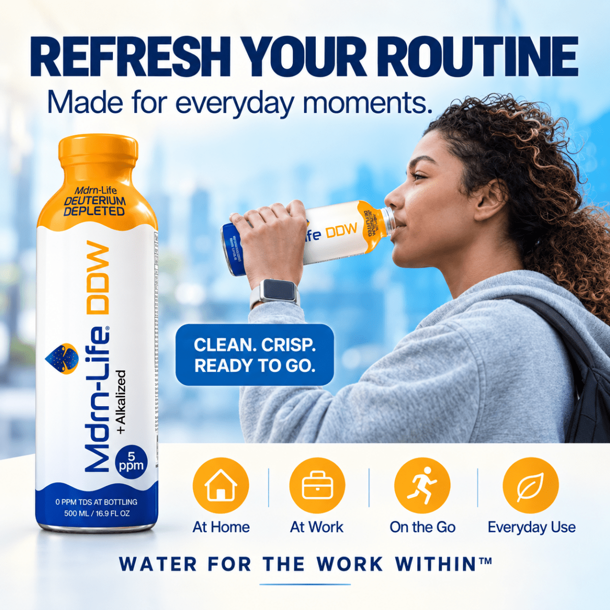 Mdrn-Life DDW glass bottle on a light blue background with the message “Water for the Work Within.”
