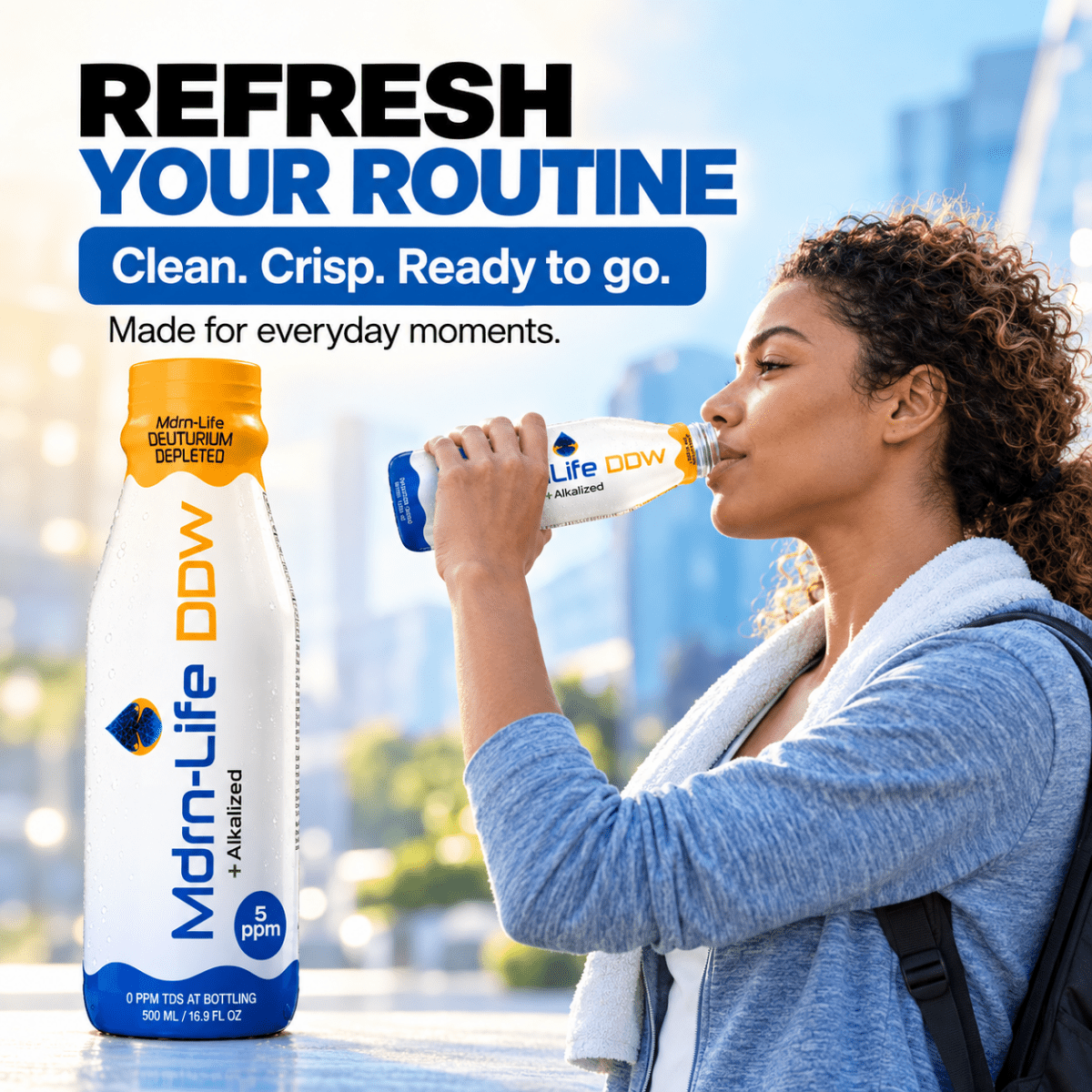 Close-up of a Mdrn-Life DDW PET bottle on a reflective surface, with a person in activewear in the background.