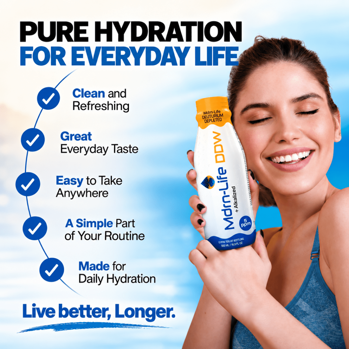Person in blue sportswear with a Mdrn-Life DDW PET bottle against a blue-sky background.