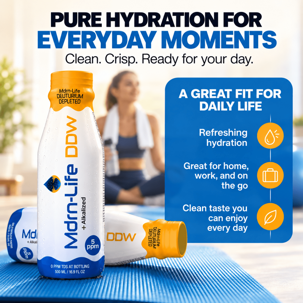 Two Mdrn-Life DDW PET bottles on a blue exercise mat, one standing upright and one lying on its side.